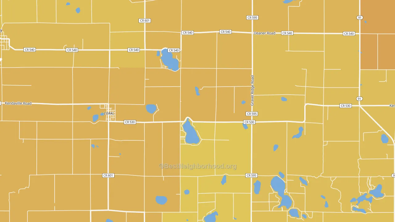 Map of the best neighborhoods in the Coral area, with better matches in green and worse matches in red