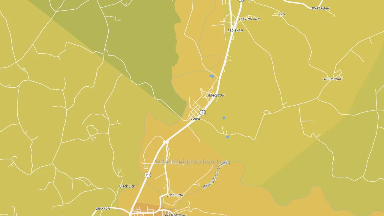 Map of the best neighborhoods in the Coral area, with better matches in green and worse matches in red