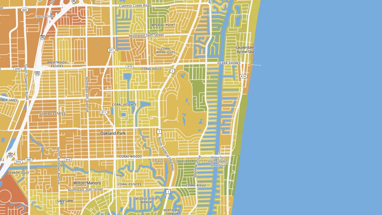 Map of the best neighborhoods in the Coral Ridge Country Club Estates, Fort Lauderdale area, with better matches in green and worse matches in red