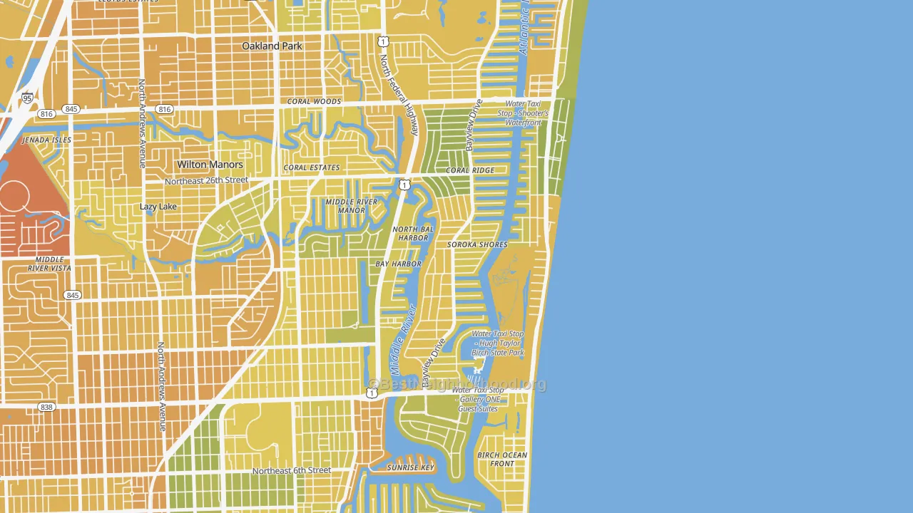 Map of the best neighborhoods in the Coral Ridge, Fort Lauderdale area, with better matches in green and worse matches in red