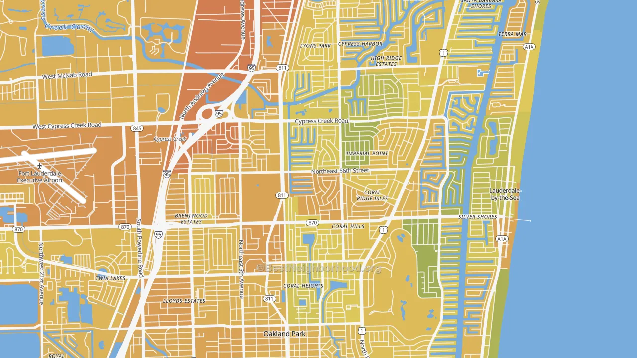 Map of the best neighborhoods in the Coral Ridge Isles, Fort Lauderdale area, with better matches in green and worse matches in red