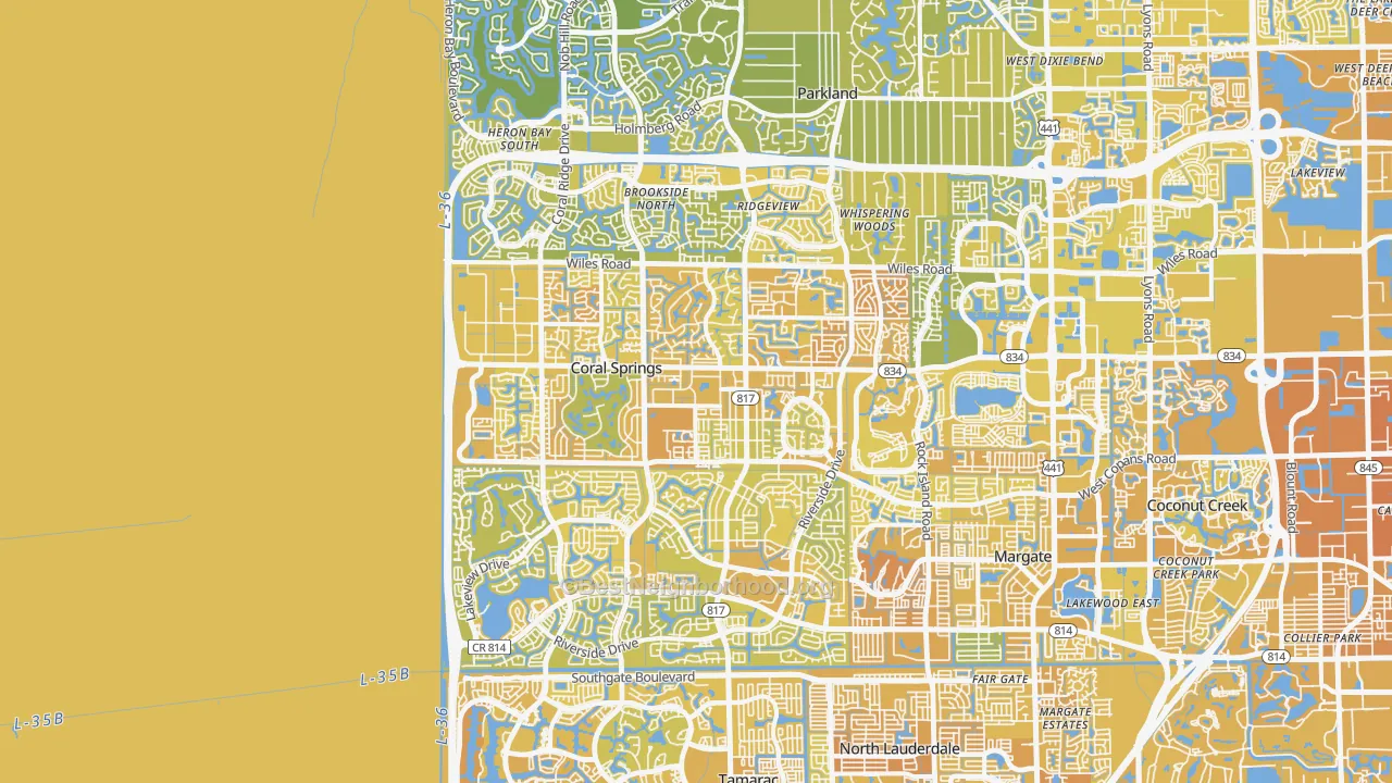 Map of the best neighborhoods in the Coral Springs area, with better matches in green and worse matches in red