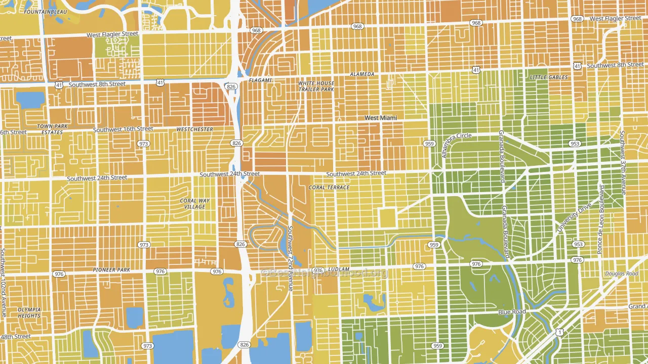Map of the best neighborhoods in the Coral Terrace area, with better matches in green and worse matches in red