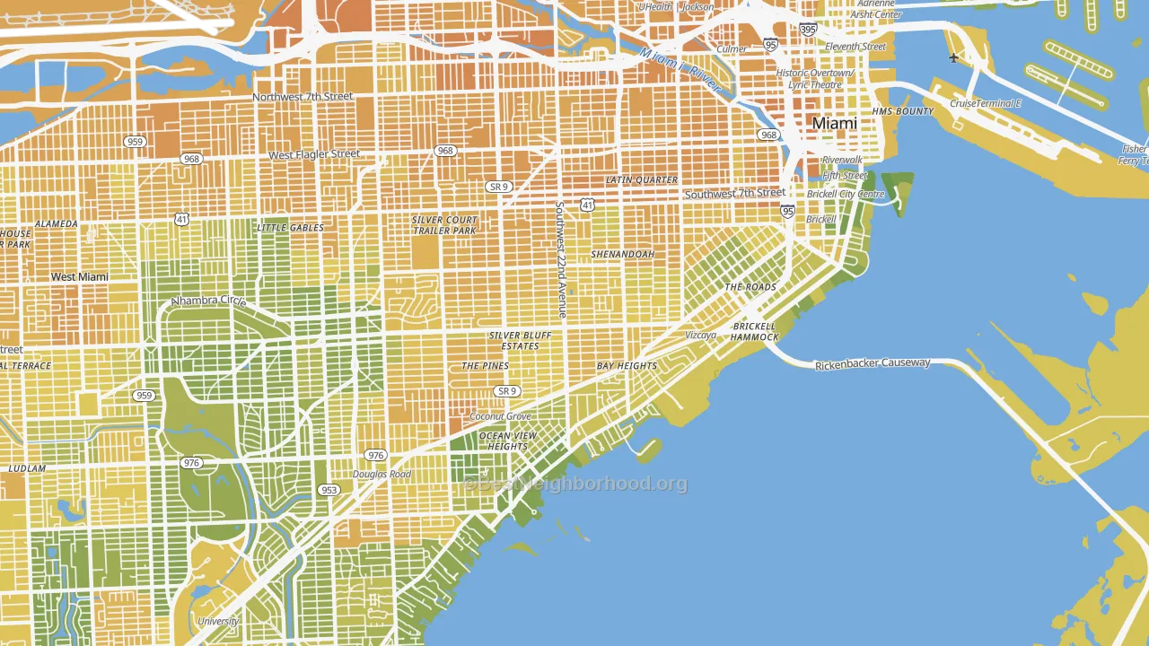 Map of the best neighborhoods in the Coral Way, Miami area, with better matches in green and worse matches in red