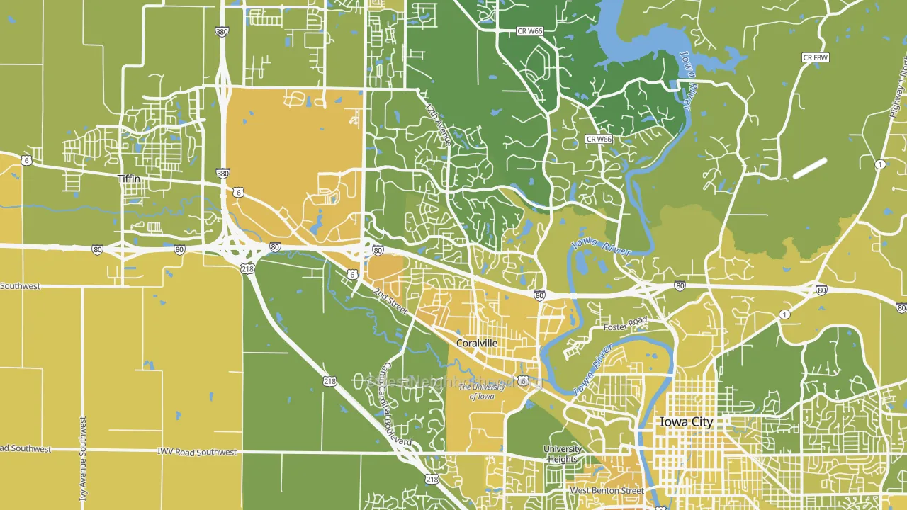 Map of the best neighborhoods in the Coralville area, with better matches in green and worse matches in red