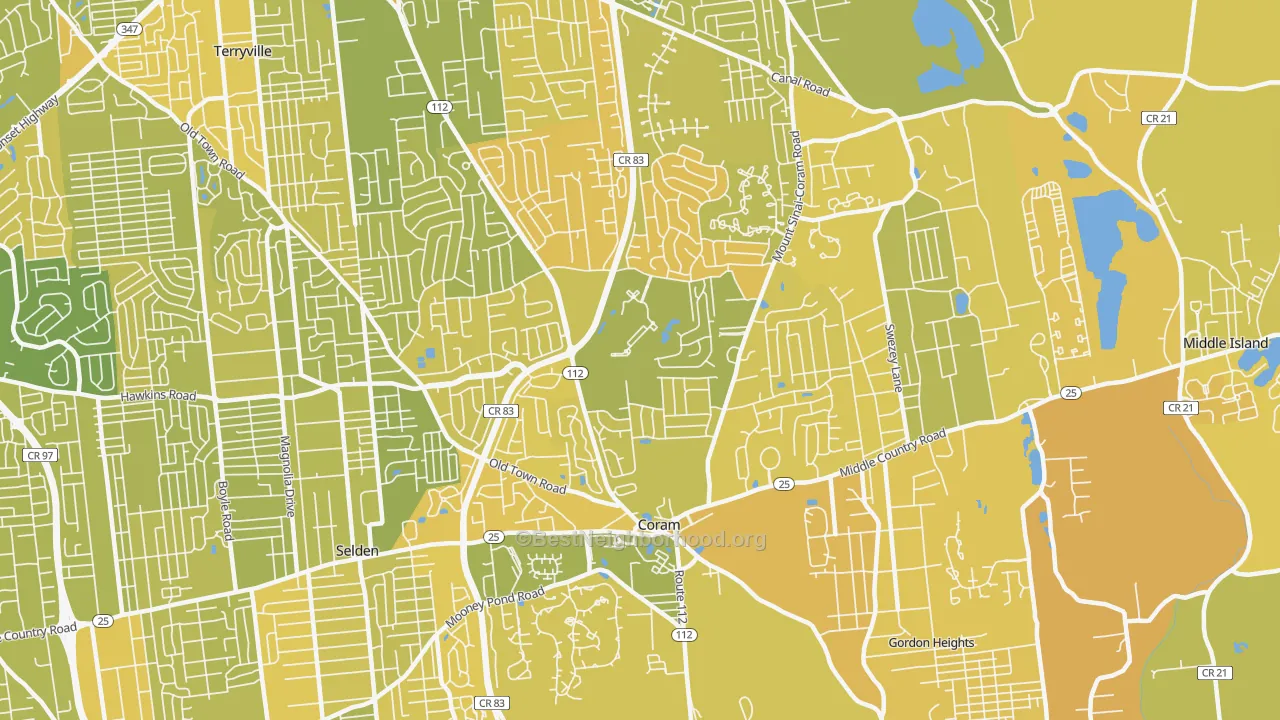 Map of the best neighborhoods in the Coram area, with better matches in green and worse matches in red