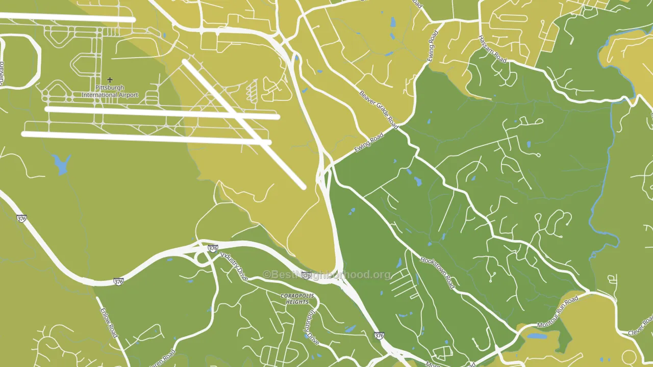 Map of the best neighborhoods in the Coraopolis Heights area, with better matches in green and worse matches in red