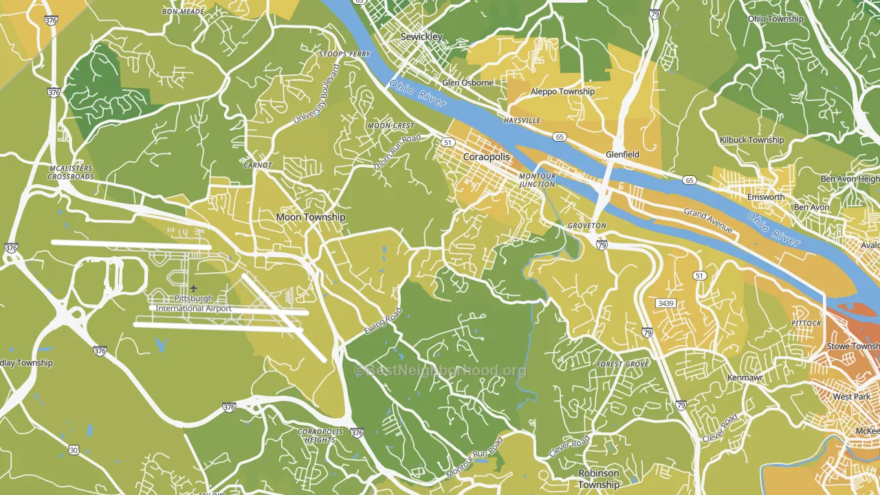 Map of the best neighborhoods in the Coraopolis area, with better matches in green and worse matches in red