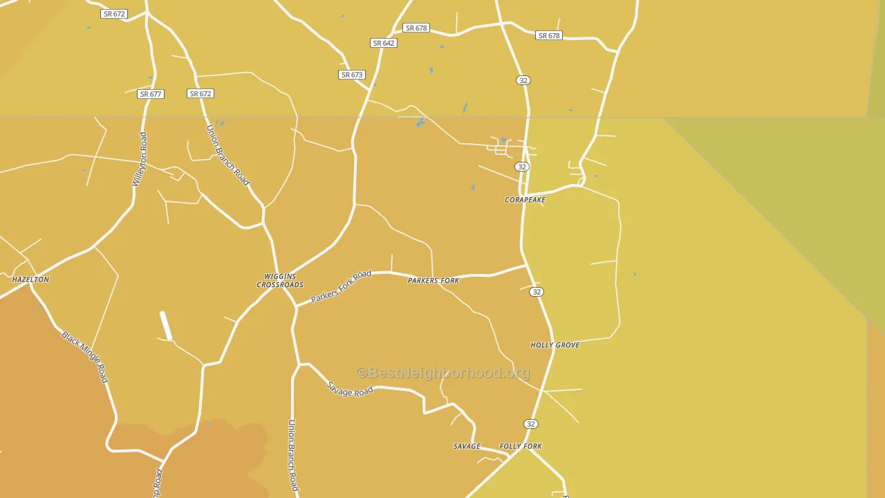Map of the best neighborhoods in the Corapeake area, with better matches in green and worse matches in red