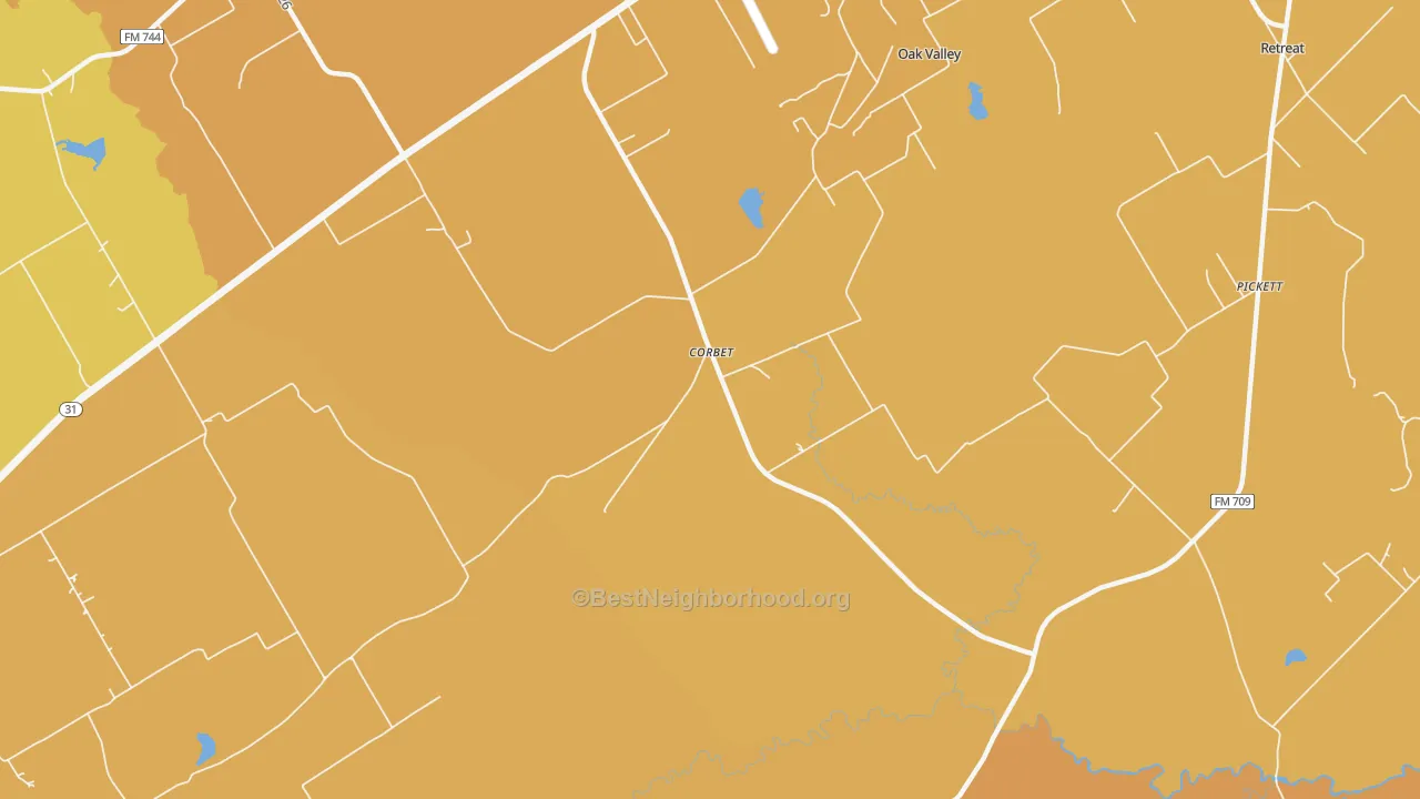 Map of the best neighborhoods in the Corbet area, with better matches in green and worse matches in red