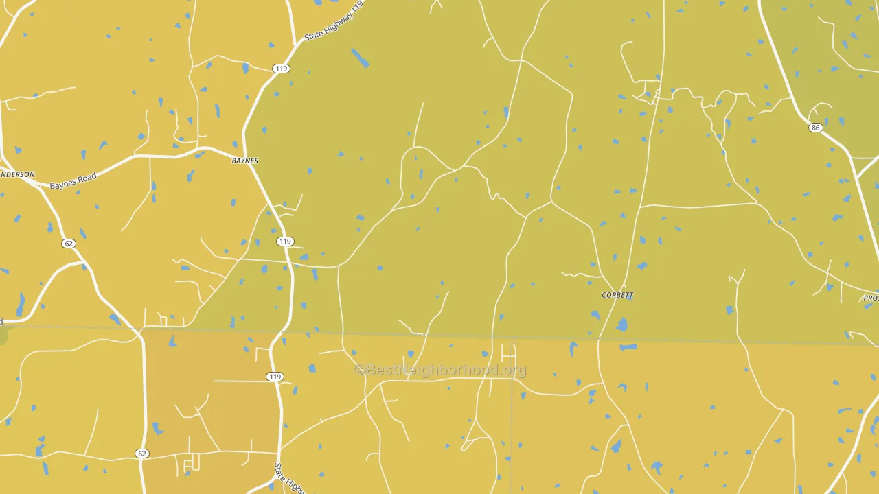 Map of the best neighborhoods in the Corbett area, with better matches in green and worse matches in red