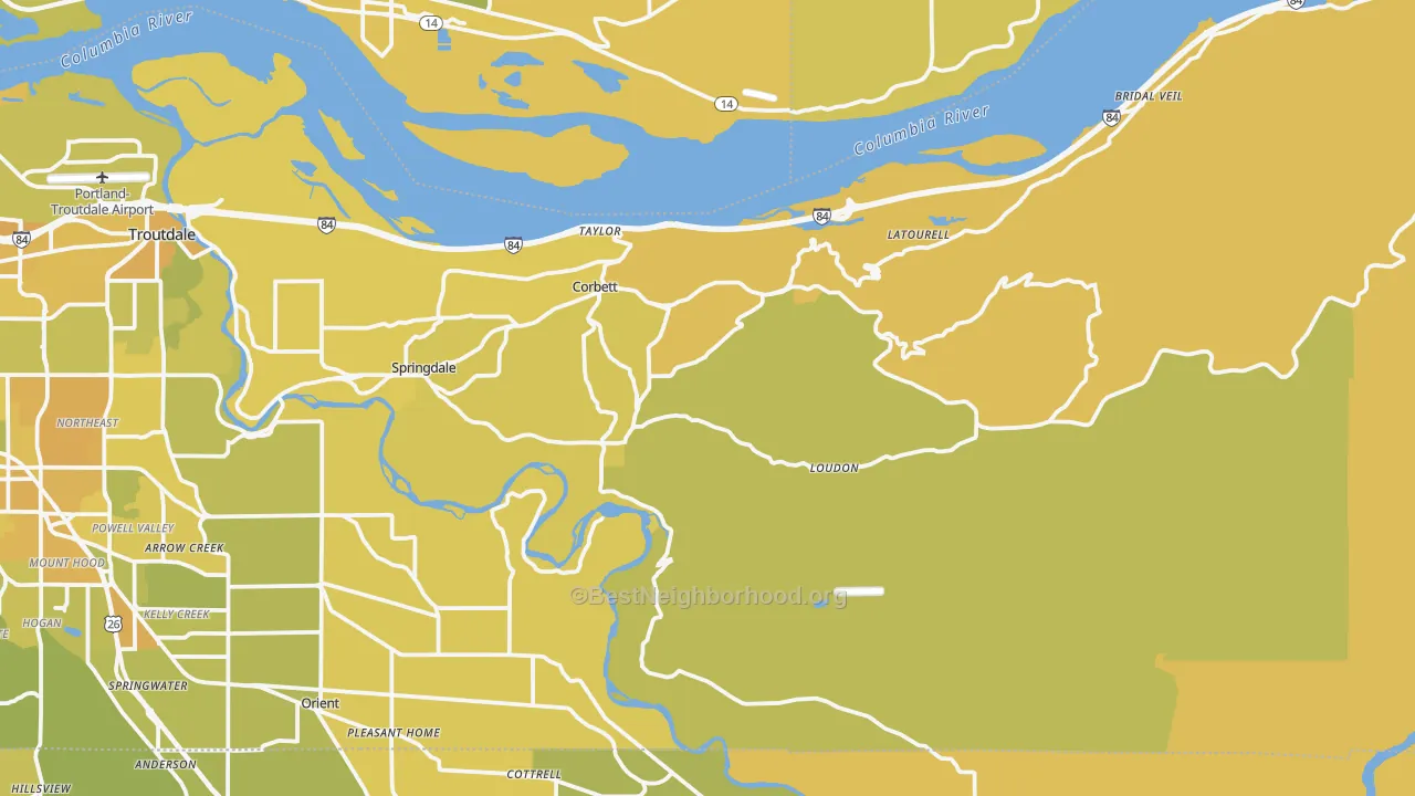 Map of the best neighborhoods in the Corbett area, with better matches in green and worse matches in red