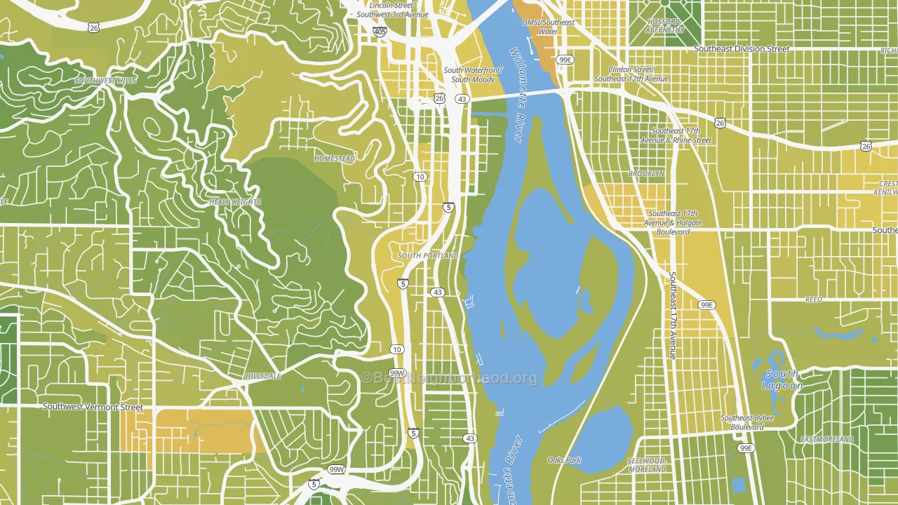 Map of the best neighborhoods in the Corbett-Terwilliger-Lair Hill, Portland area, with better matches in green and worse matches in red