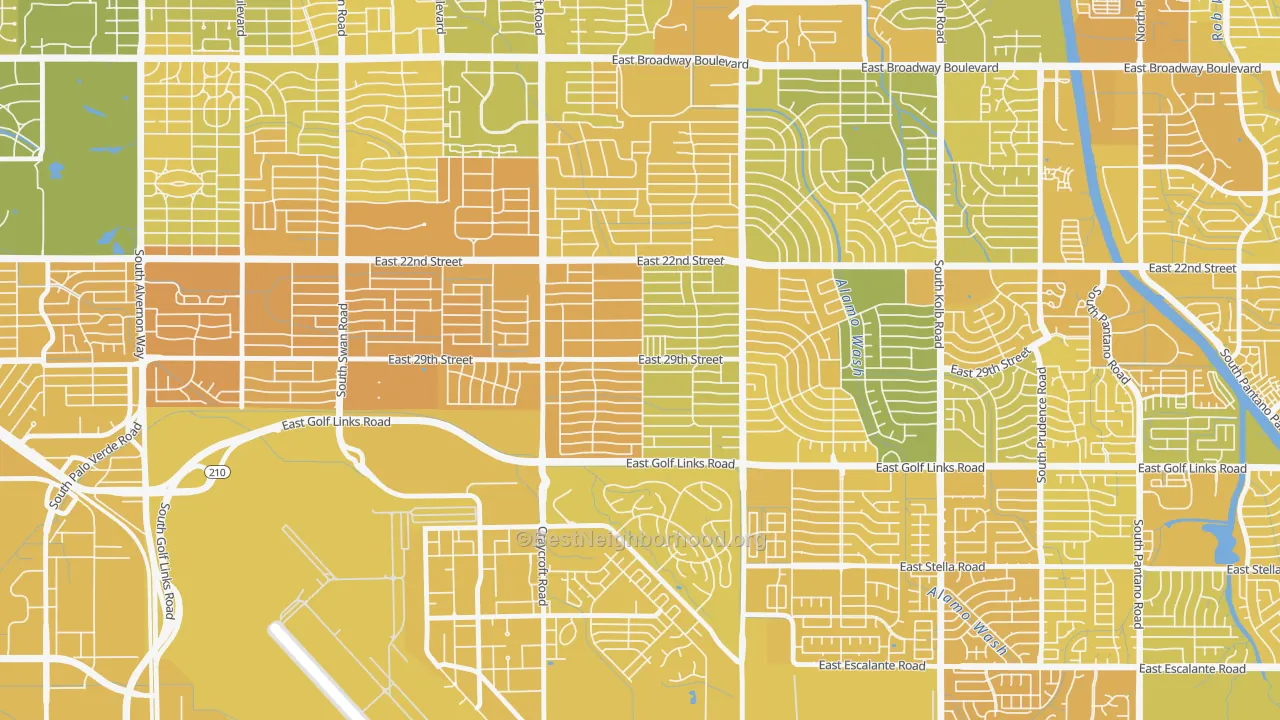 Map of the best neighborhoods in the Corbett, Tucson area, with better matches in green and worse matches in red