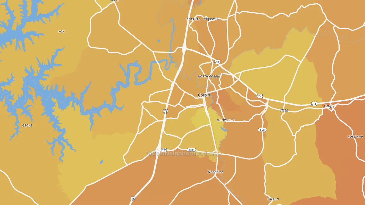 Map of the best neighborhoods in the Corbin area, with better matches in green and worse matches in red