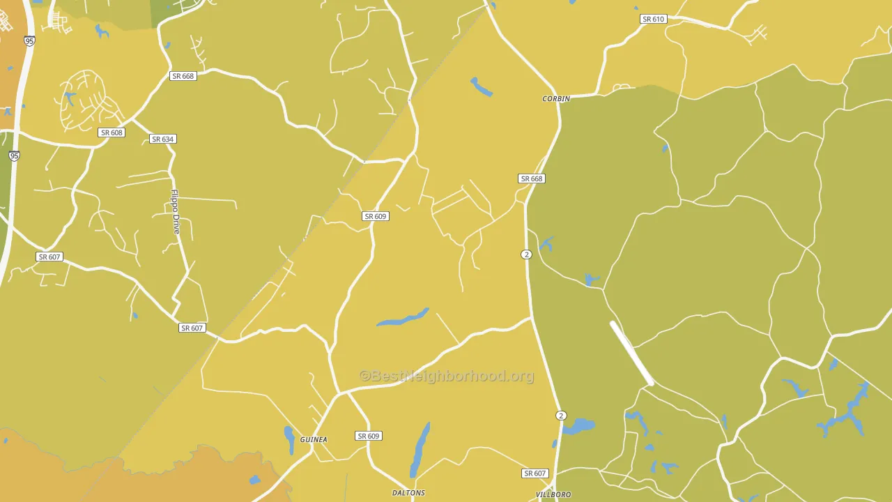 Map of the best neighborhoods in the Corbin area, with better matches in green and worse matches in red