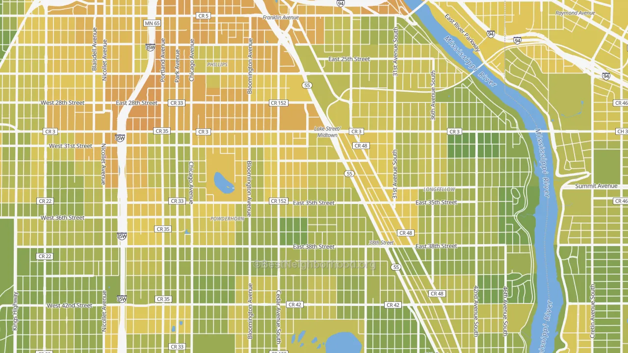 Map of the best neighborhoods in the Corcoran, Minneapolis area, with better matches in green and worse matches in red