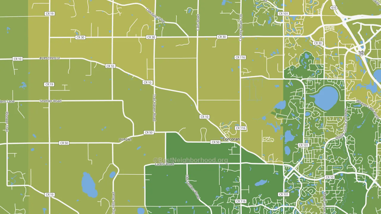 Map of the best neighborhoods in the Corcoran area, with better matches in green and worse matches in red