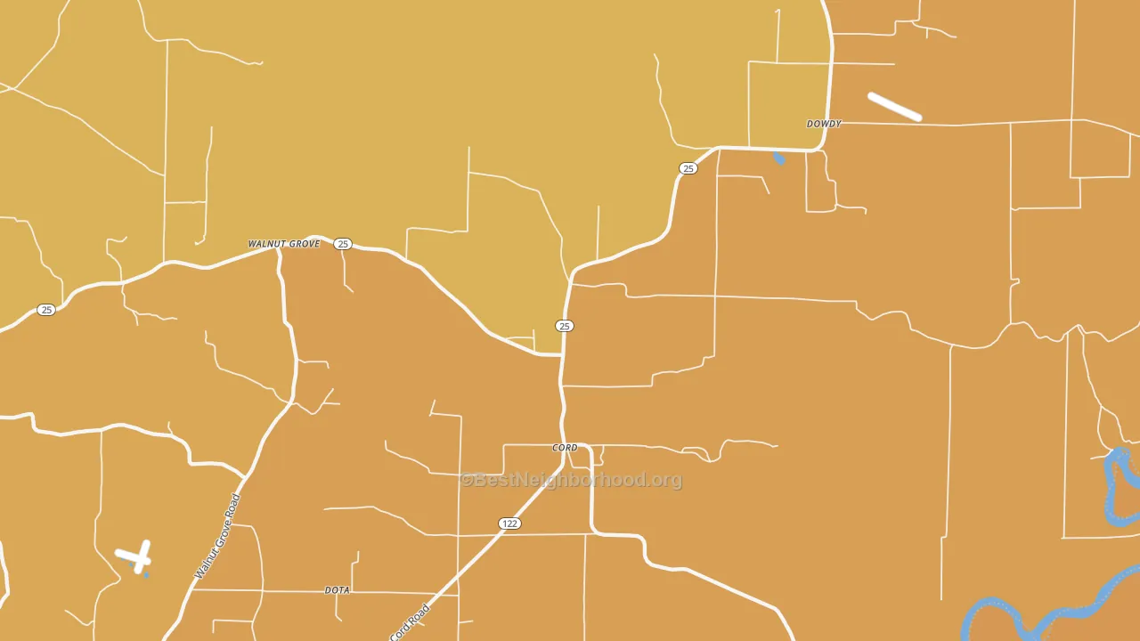 Map of the best neighborhoods in the Cord area, with better matches in green and worse matches in red