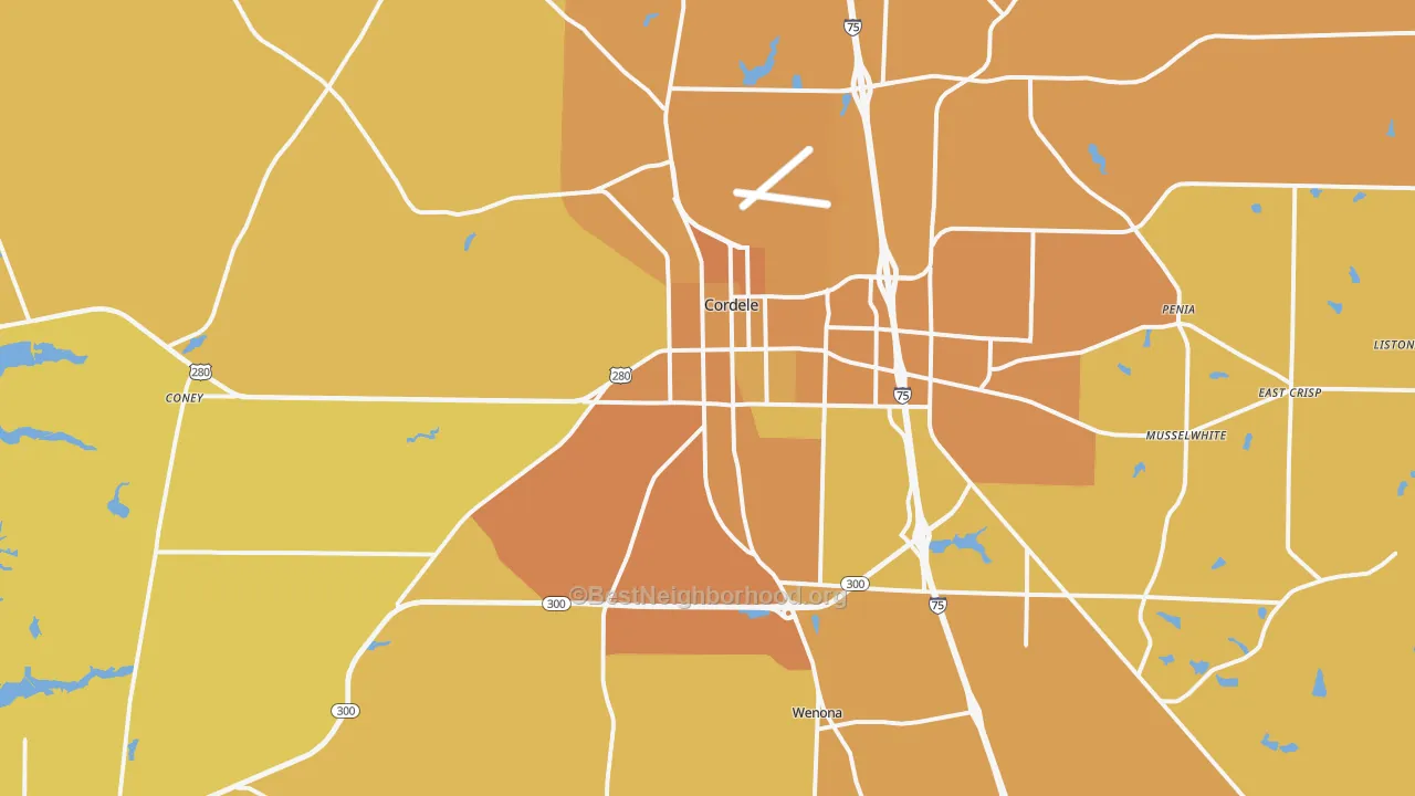 Map of the best neighborhoods in the Cordele area, with better matches in green and worse matches in red