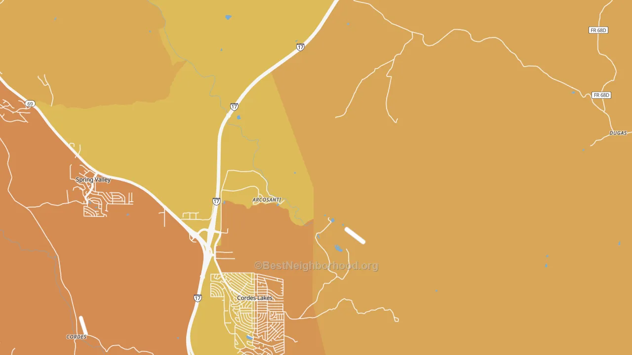 Map of the best neighborhoods in the Cordes Junction area, with better matches in green and worse matches in red
