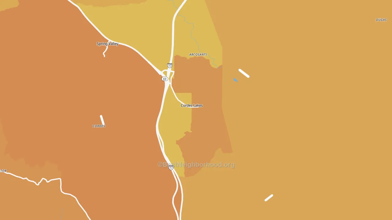 Map of the best neighborhoods in the Cordes Lakes area, with better matches in green and worse matches in red