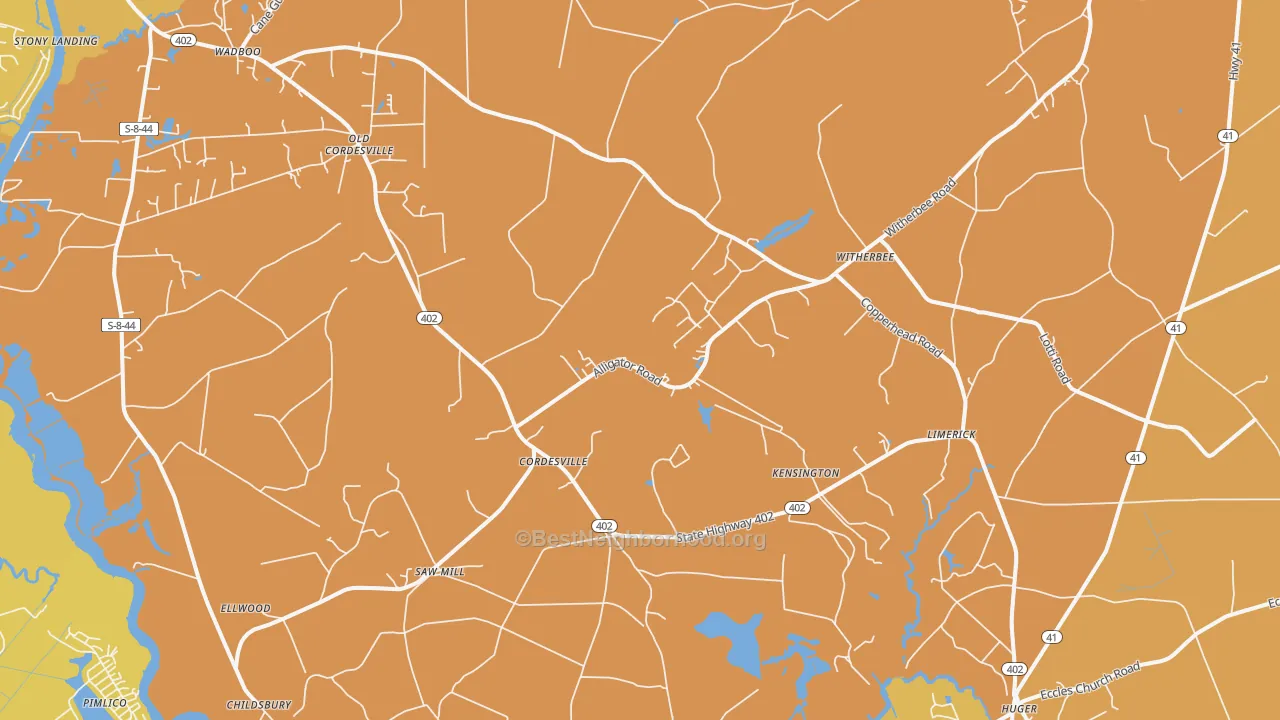 Map of the best neighborhoods in the Cordesville area, with better matches in green and worse matches in red