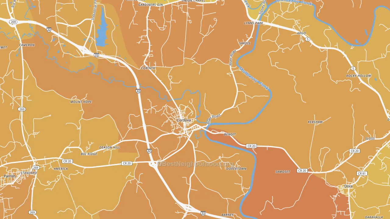 Map of the best neighborhoods in the Cordova area, with better matches in green and worse matches in red