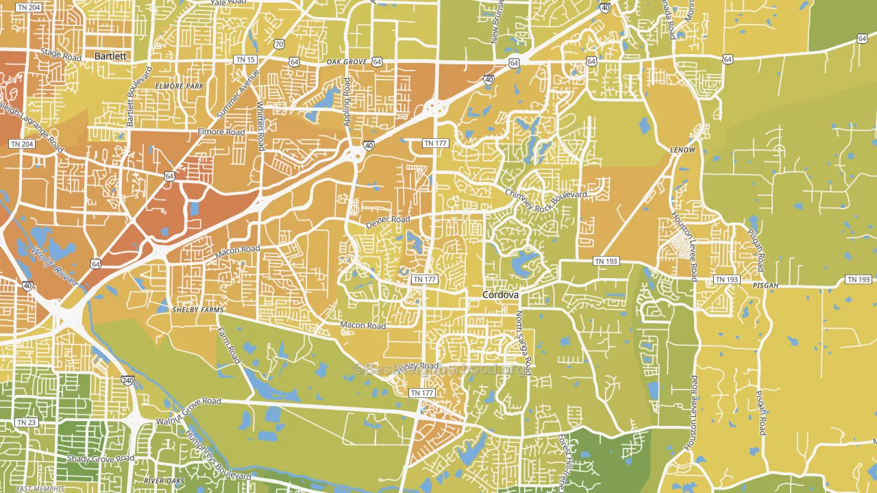 Map of the best neighborhoods in the Cordova-Appling, Cordova area, with better matches in green and worse matches in red