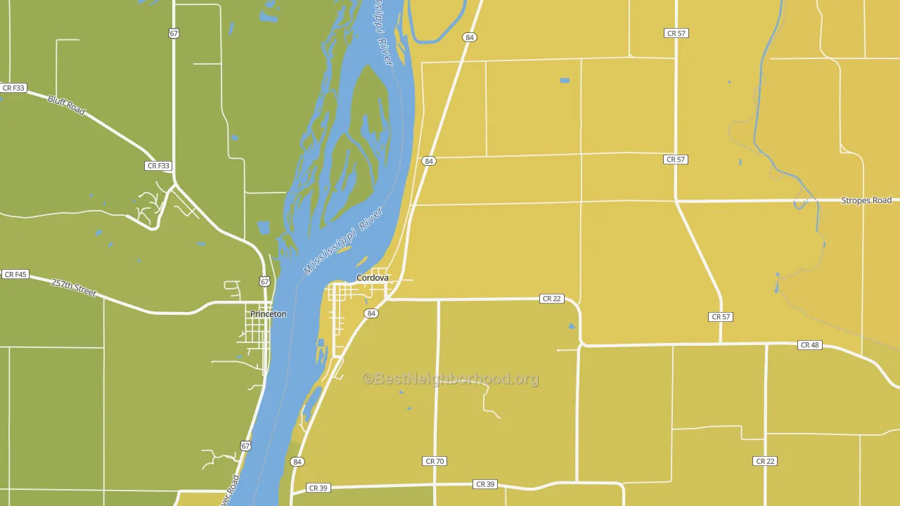 Map of the best neighborhoods in the Cordova area, with better matches in green and worse matches in red