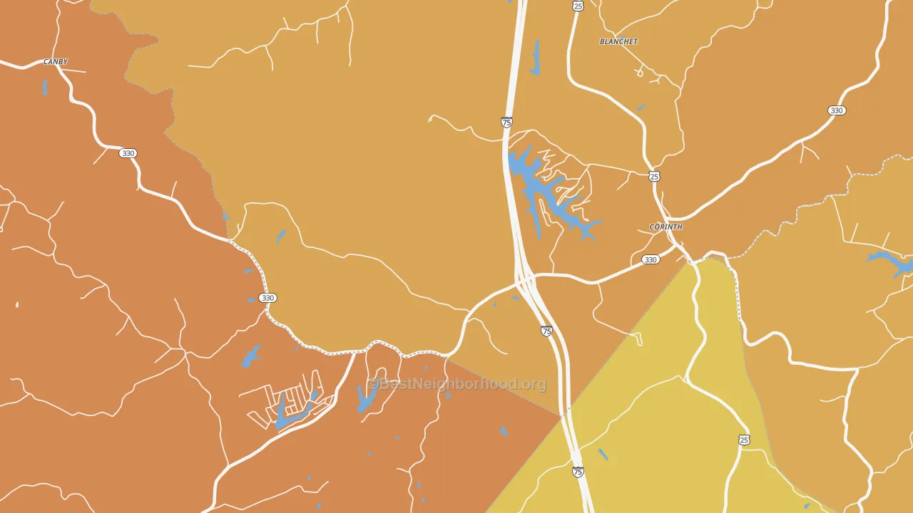 Map of the best neighborhoods in the Cordova area, with better matches in green and worse matches in red