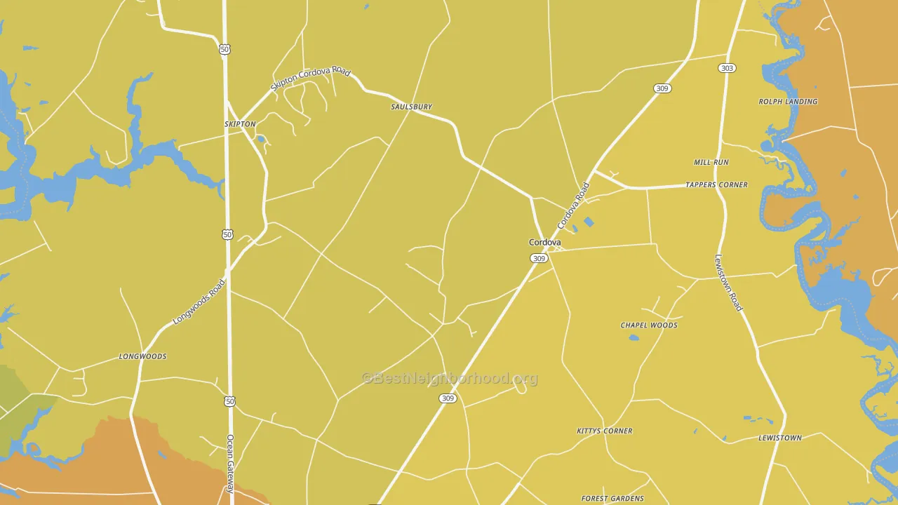 Map of the best neighborhoods in the Cordova area, with better matches in green and worse matches in red