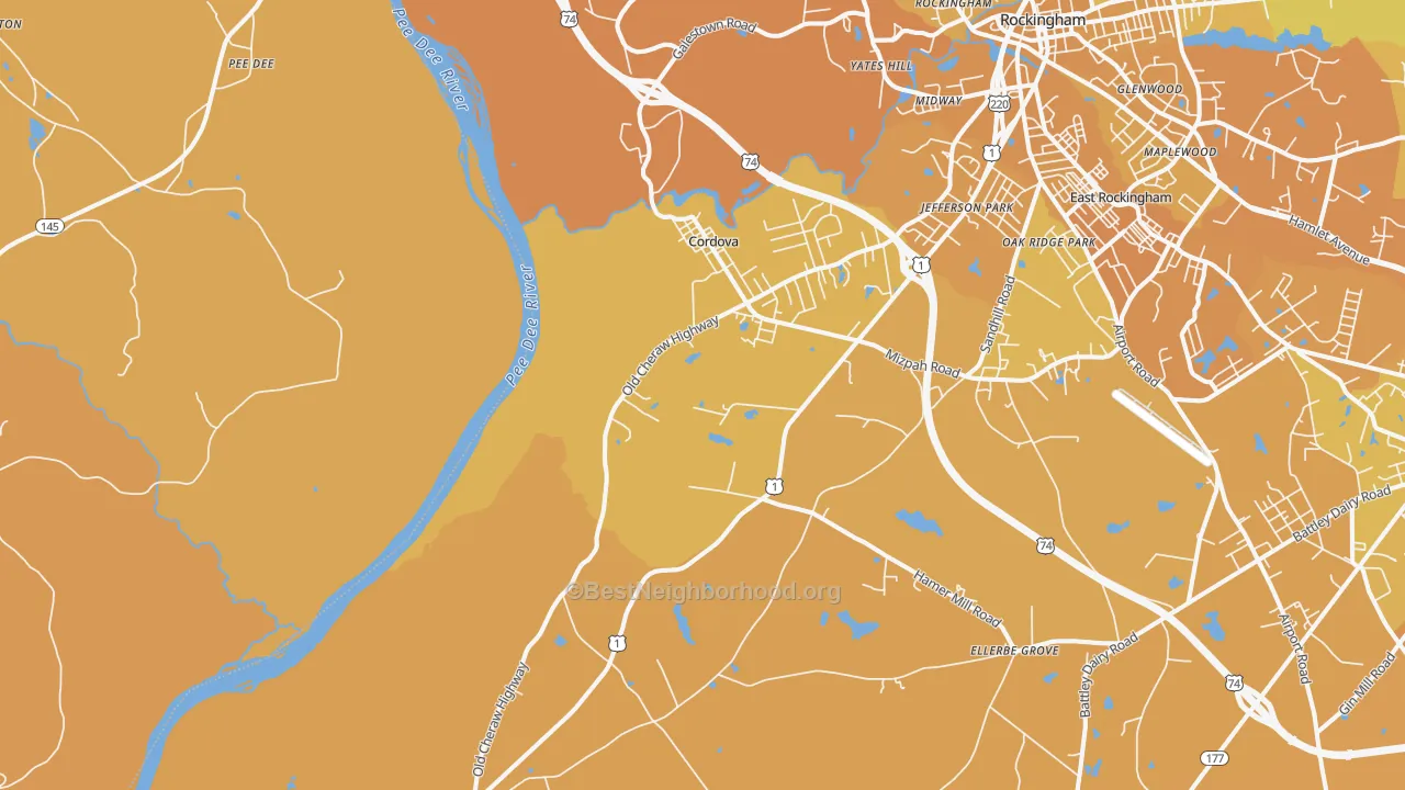 Map of the best neighborhoods in the Cordova area, with better matches in green and worse matches in red