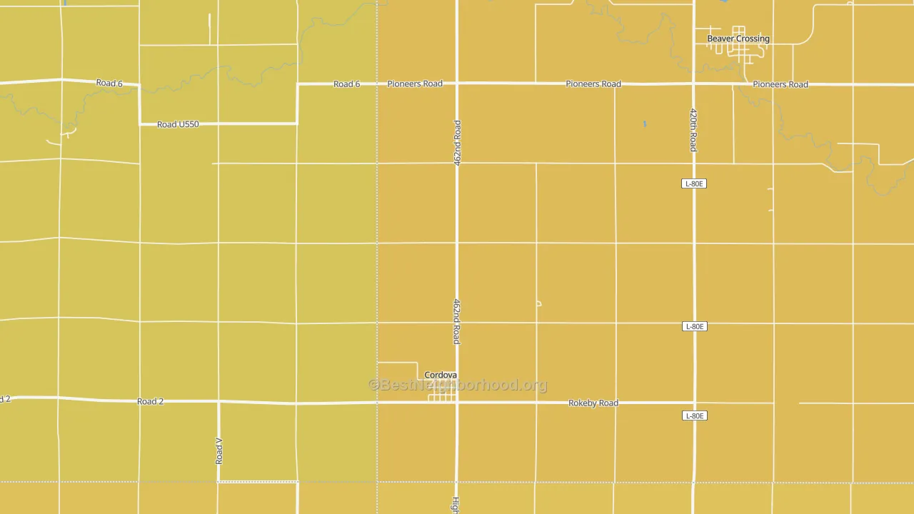 Map of the best neighborhoods in the Cordova area, with better matches in green and worse matches in red