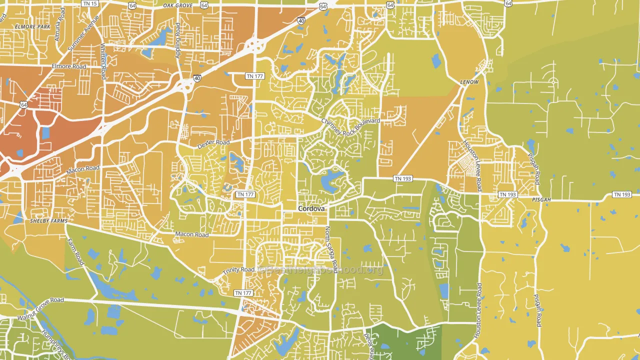 Map of the best neighborhoods in the Cordova area, with better matches in green and worse matches in red