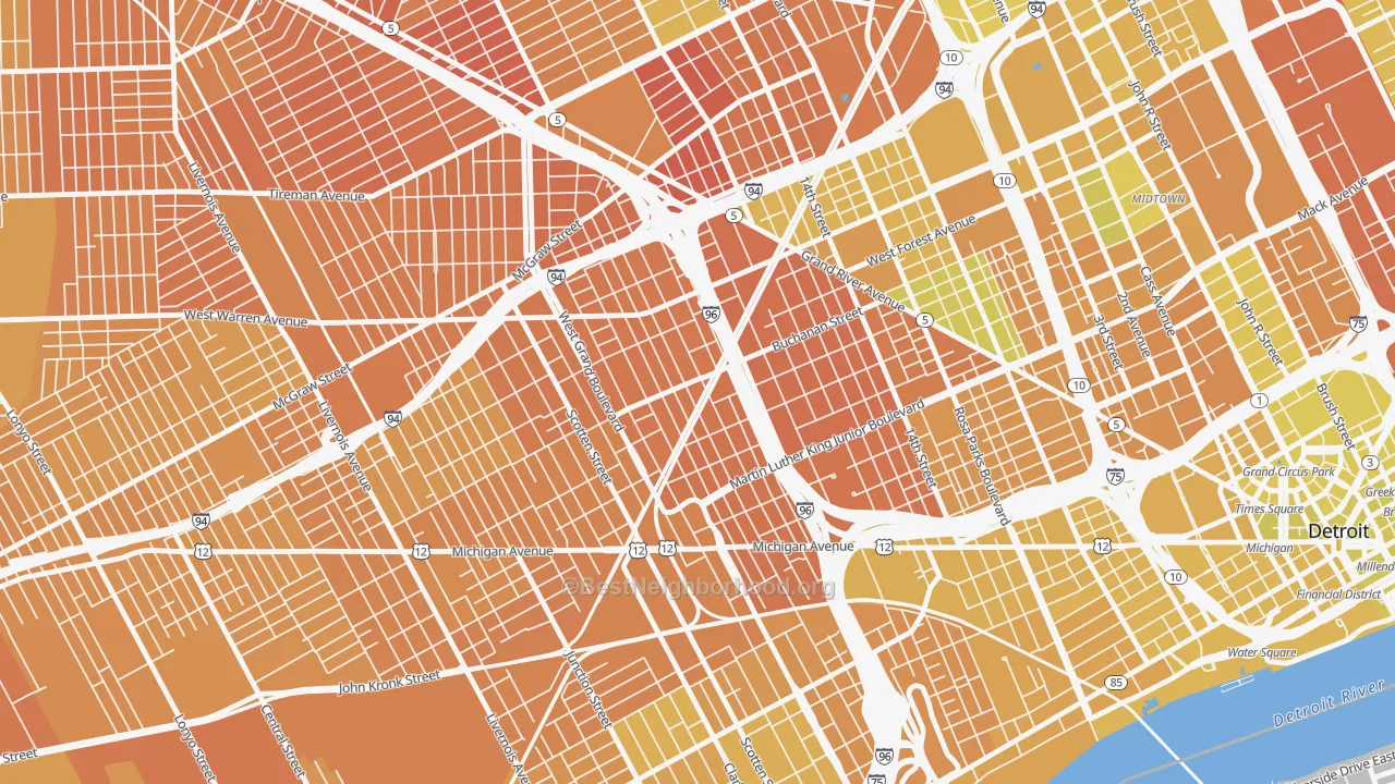Map of the best neighborhoods in the Core City, Detroit area, with better matches in green and worse matches in red