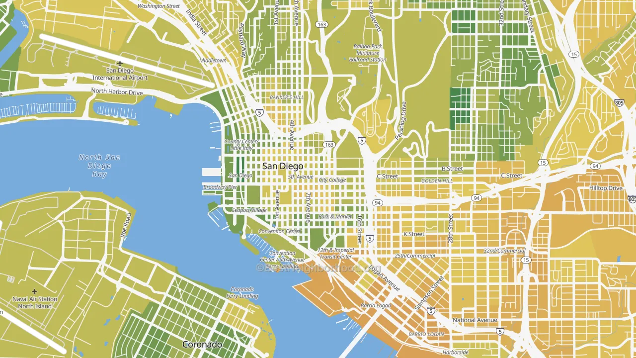 Map of the best neighborhoods in the Core, San Diego area, with better matches in green and worse matches in red
