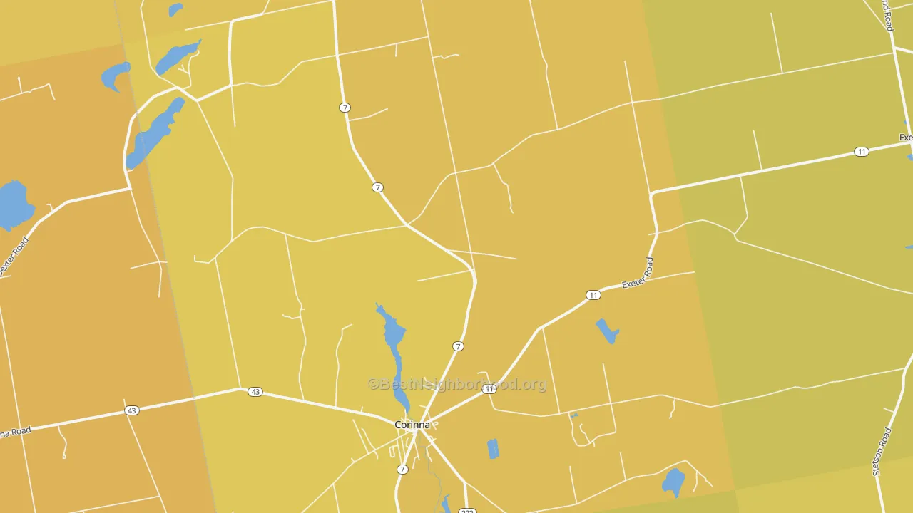 Map of the best neighborhoods in the Corinna area, with better matches in green and worse matches in red