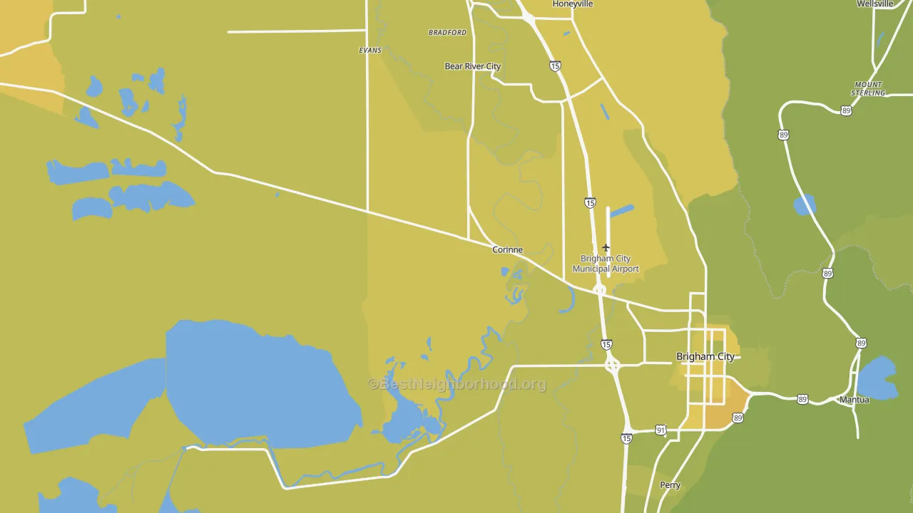 Map of the best neighborhoods in the Corinne area, with better matches in green and worse matches in red