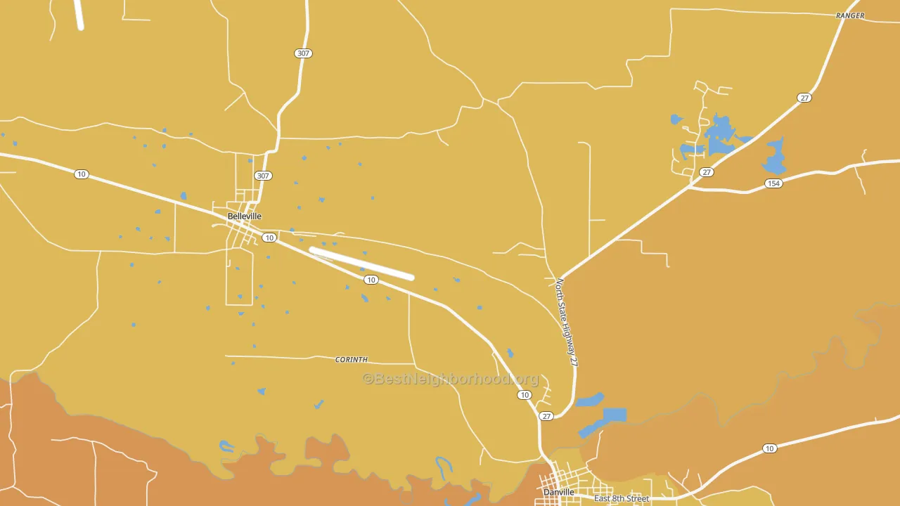 Map of the best neighborhoods in the Corinth area, with better matches in green and worse matches in red