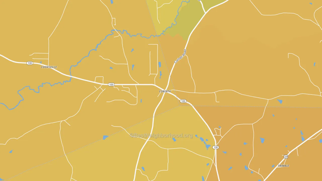 Map of the best neighborhoods in the Corinth area, with better matches in green and worse matches in red