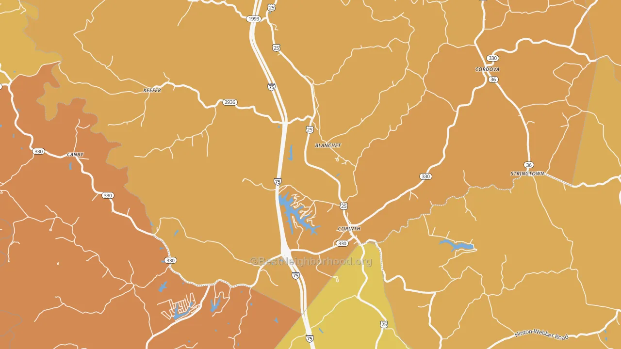 Map of the best neighborhoods in the Corinth area, with better matches in green and worse matches in red