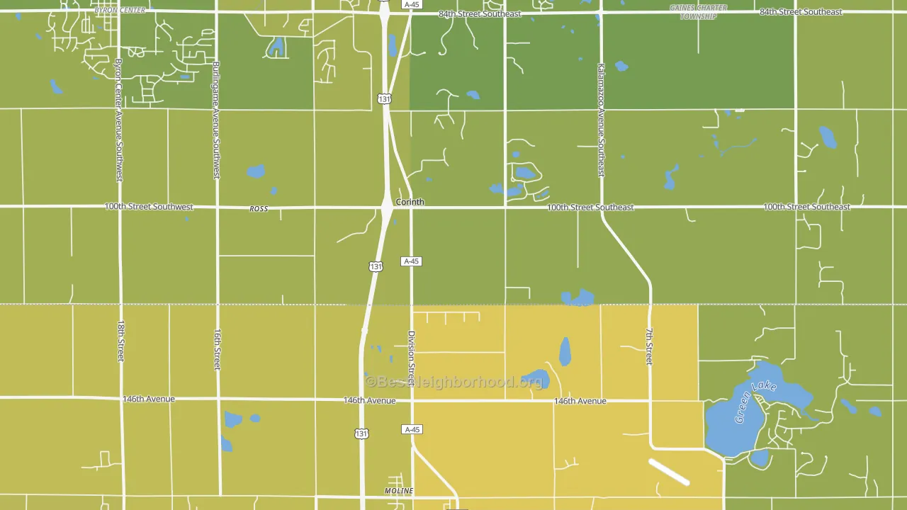 Map of the best neighborhoods in the Corinth area, with better matches in green and worse matches in red