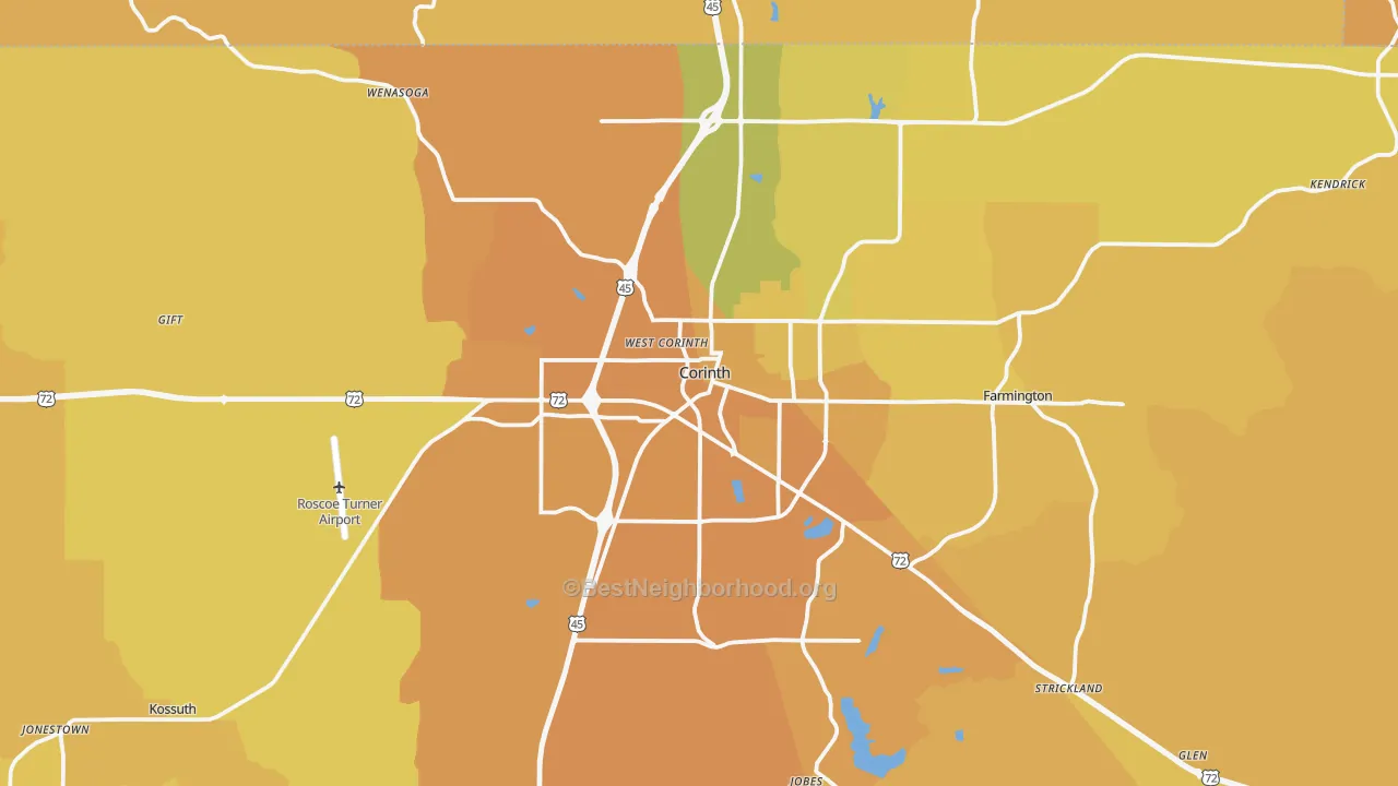Map of the best neighborhoods in the Corinth area, with better matches in green and worse matches in red