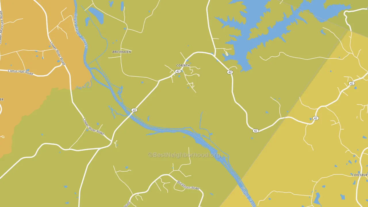 Map of the best neighborhoods in the Corinth area, with better matches in green and worse matches in red