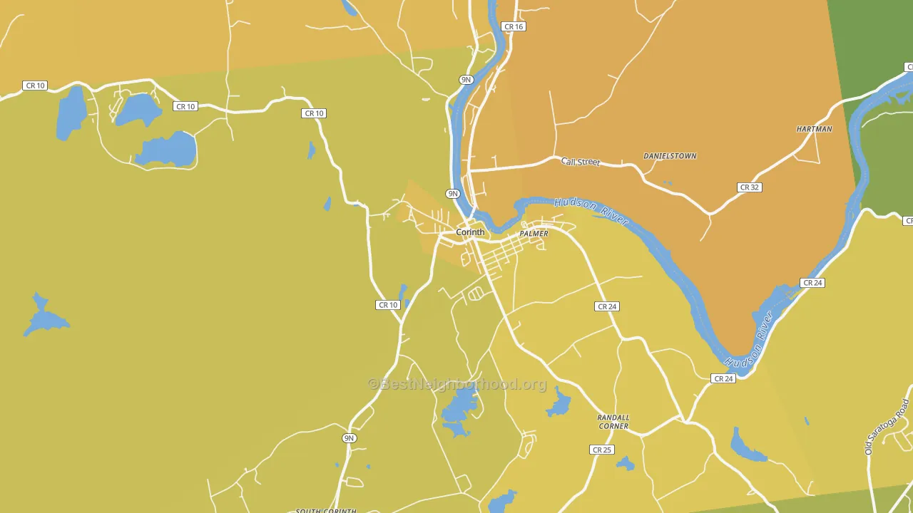 Map of the best neighborhoods in the Corinth area, with better matches in green and worse matches in red