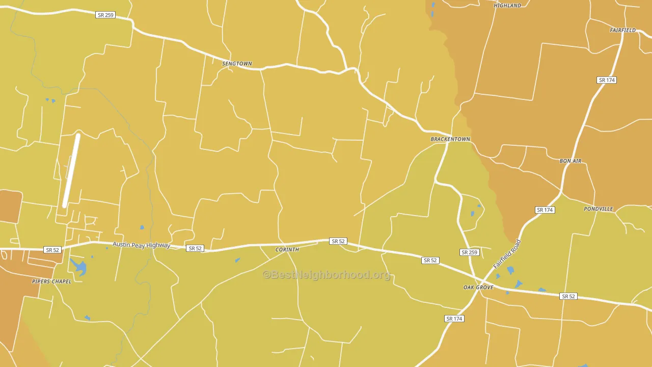 Map of the best neighborhoods in the Corinth area, with better matches in green and worse matches in red