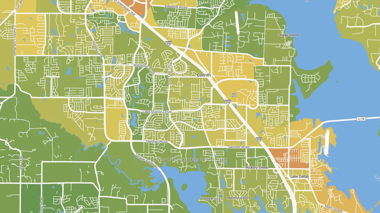 Map of the best neighborhoods in the Corinth area, with better matches in green and worse matches in red