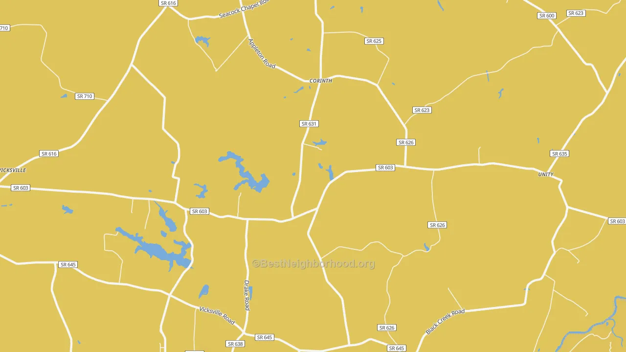 Map of the best neighborhoods in the Corinth area, with better matches in green and worse matches in red
