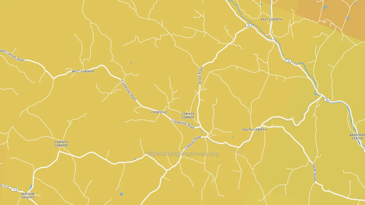 Map of the best neighborhoods in the Corinth area, with better matches in green and worse matches in red